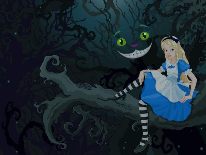 Alice in Wonderland with the Cheshire Cat. 
