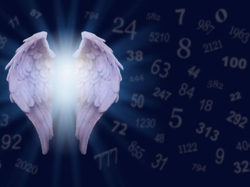 Angel wings and angel numbers on a dark blue background. 