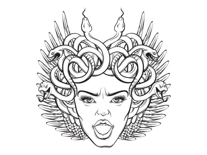 Illustration eines wütenden Medusa-Kopfes. 