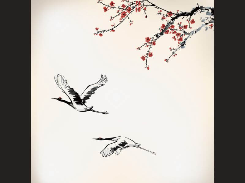 Painted Japanese Cranes in flight. 