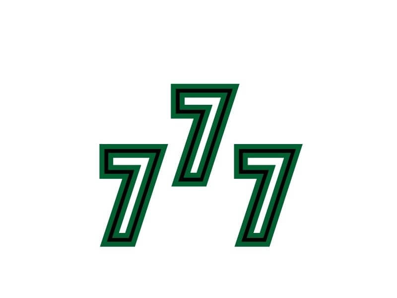 Green, black and white colored 777 lettering on white background.