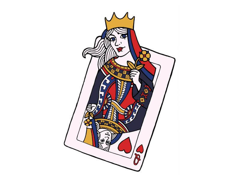 Traditional Queen of Hearts playing card with the queen's head emerging from the card.