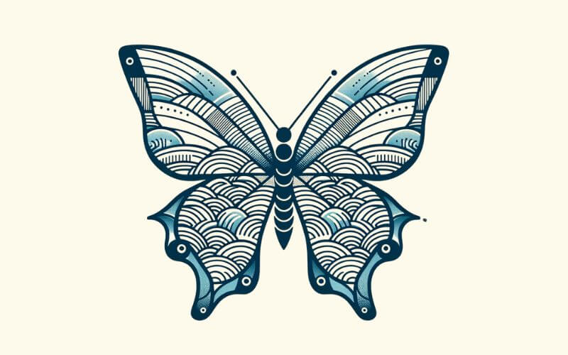 A blue geometric Japanese wave style butterfly tattoo design. 
