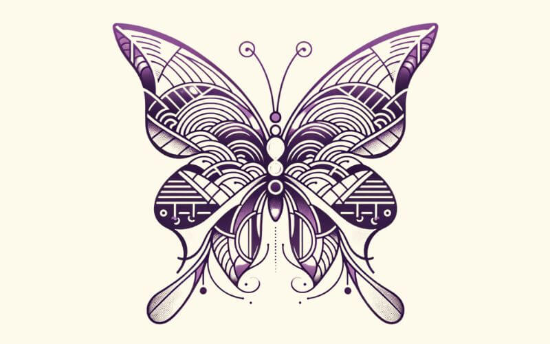 A purple geometric Japanese wave style butterfly tattoo design. 