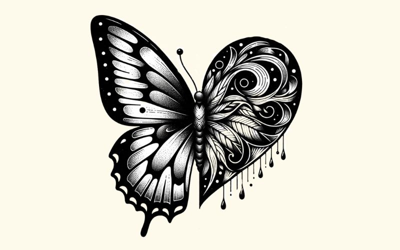 A blackwork style butterfly heart tattoo design. 