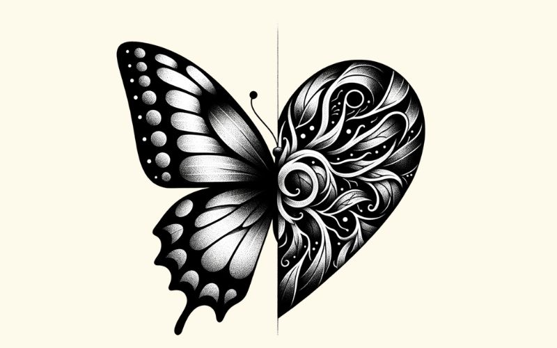 A blackwork style butterfly heart tattoo design. 
