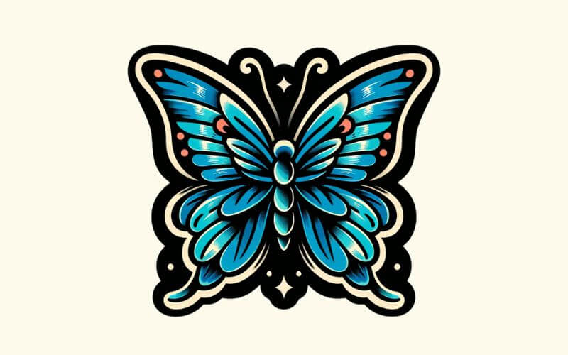 Ein blaues Schmetterlings-Tattoo im Old-School-Stil.  