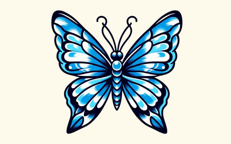 Ein blaues Schmetterlings-Tattoo im traditionellen Stil.  