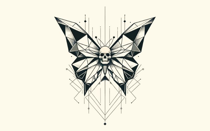 A geometric style black butterfly skull tattoo design.