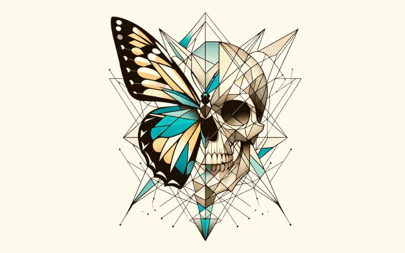 A geometric butterfly skull tattoo design featuring elements of blue, yellow and black color.