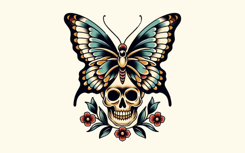 An traditional style butterfly skull tattoo design with a butterfly on a skull with some flowers.