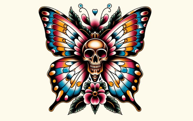 A colorful old school style butterfly skull tattoo design with a flower and leaf patterns.
