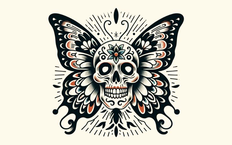 An old school style butterfly skull tattoo design.