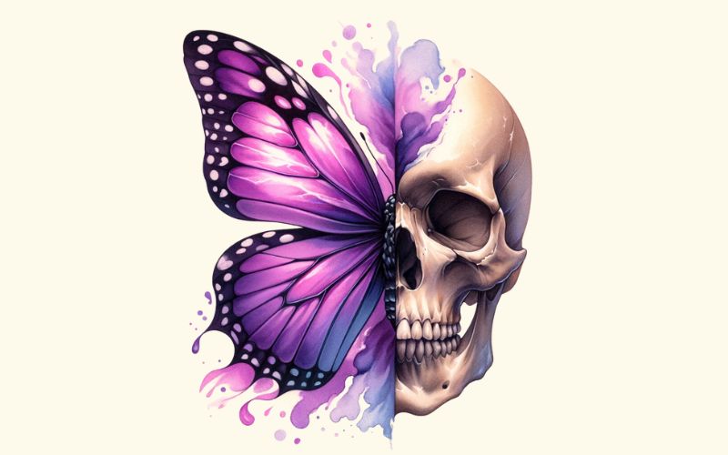 A watercolor style butterfly skull tattoo design with an image of a half butterfly and half skull. 