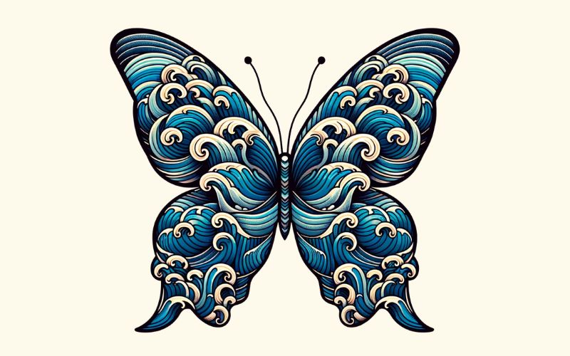 Um desenho de tatuagem de borboleta em estilo de onda japonesa.  