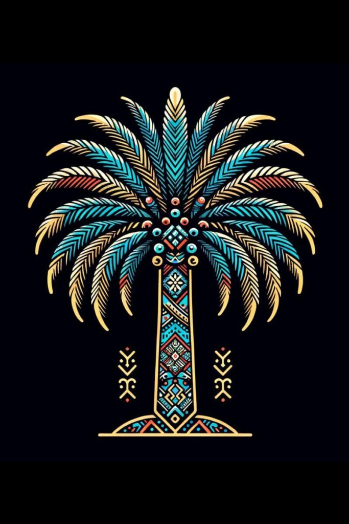 Illustration of a Berber palm tree design on a black background. 