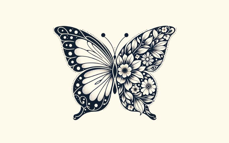 Un dessin minimaliste de tatouage noir moitié papillon moitié aile de fleur.  