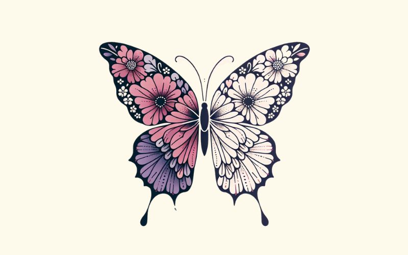 Un dessin minimaliste de tatouage d'aile de fleur de papillon.  