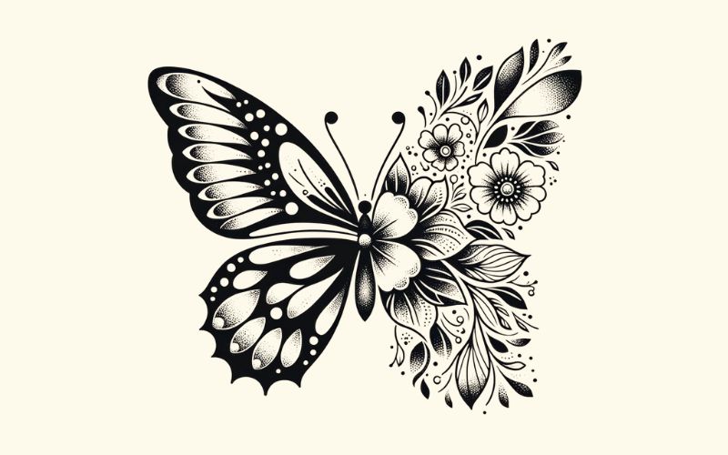 Un dessin de tatouage minimaliste moitié papillon moitié aile de fleur.  