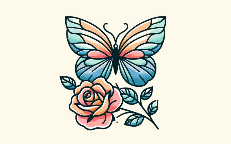 A minimalist butterfly rose tattoo design. 