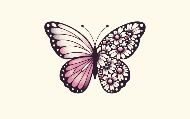 Un dessin minimaliste de tatouage rose moitié papillon moitié aile de fleur.  