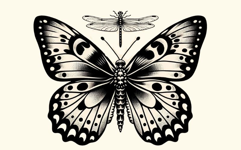 A blackwork butterfly dragonfly tattoo design. 