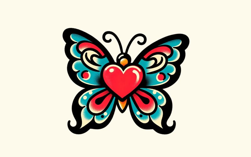 A new school style butterfly heart tattoo design. 