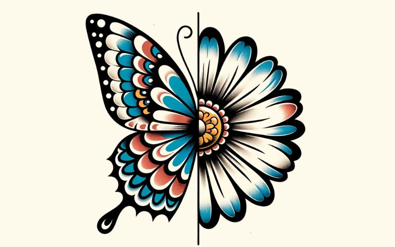 Un dessin de tatouage moitié papillon moitié fleur de la vieille école.