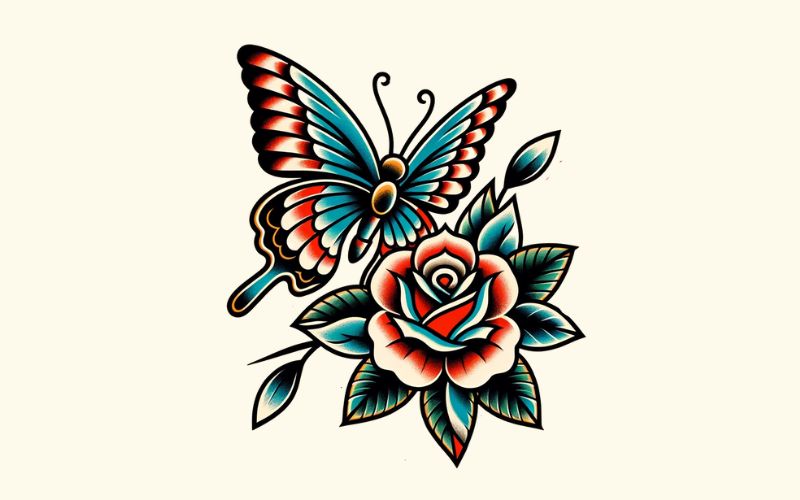 An old school style butterfly rose tattoo design.