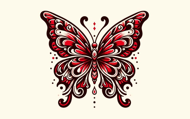 A red butterfly tattoo design in the neo-traditional style.