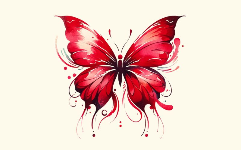 A red butterfly tattoo design in the watercolor style.