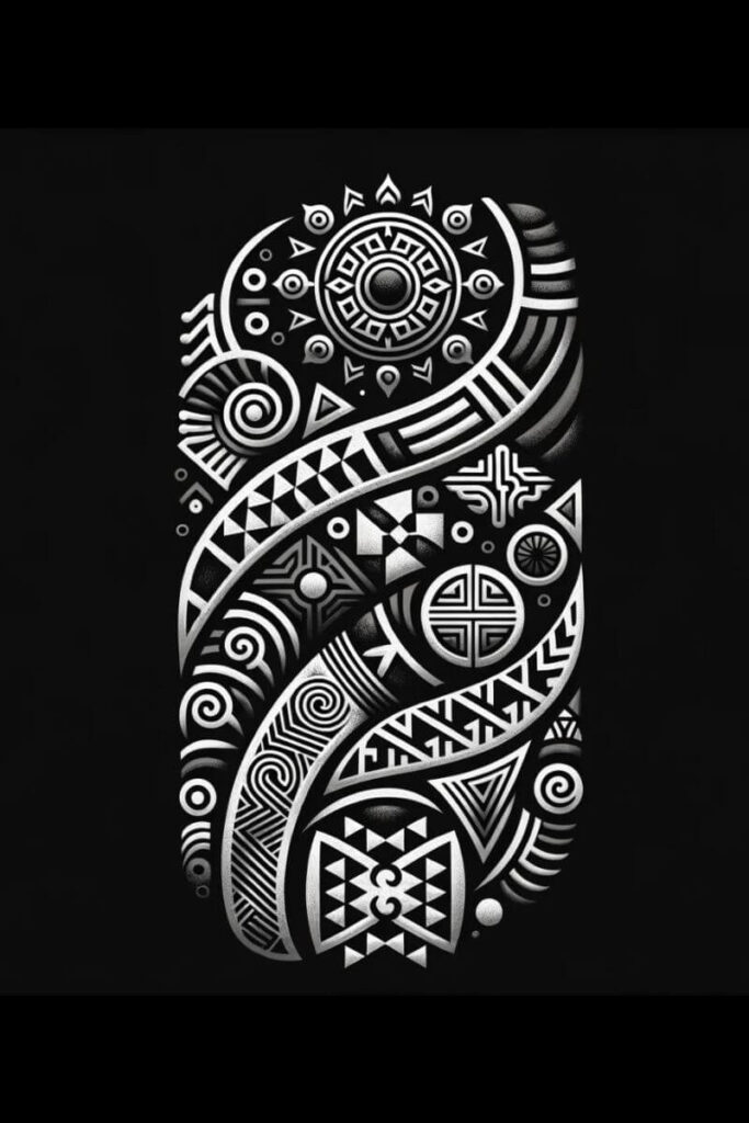 Un intricato disegno di tatuaggio africano che incorpora vari simboli tradizionali africani, tra cui i simboli Adinkra e i motivi geometrici indigeni.