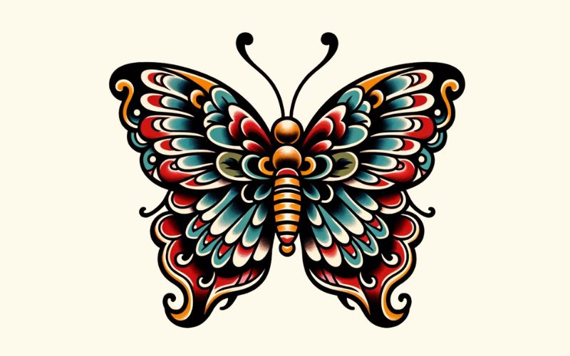 Un disegno di tatuaggio a farfalla in stile tradizionale. 