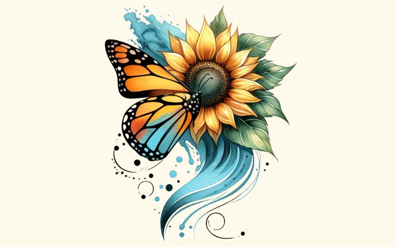 A watercolor half butterfly half flower tattoo design.