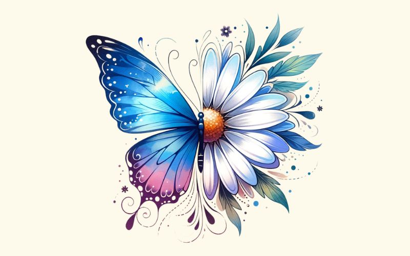 Un dessin de tatouage aquarelle moitié papillon moitié fleur.  