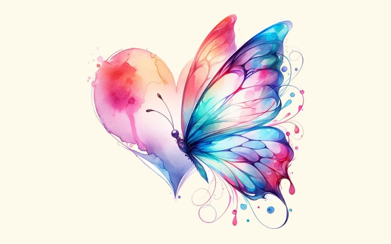 A watercolor style butterfly heart tattoo design. 