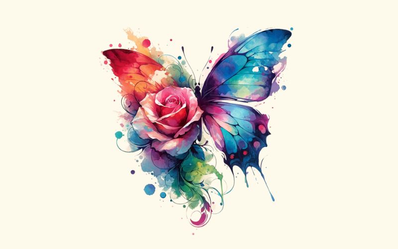 A watercolor style butterfly rose tattoo design. 
