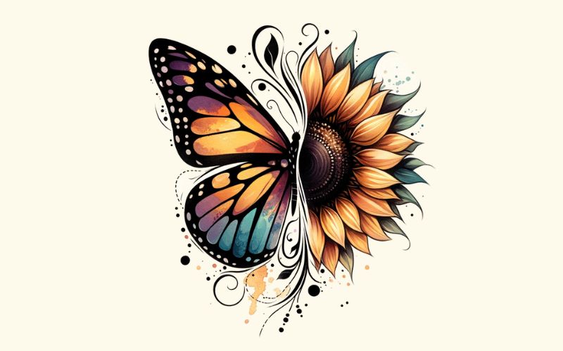 Un dessin de tatouage aquarelle moitié papillon moitié fleur.  