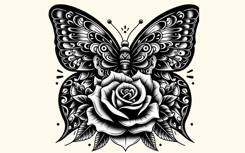 A blackwork style butterfly rose tattoo design.