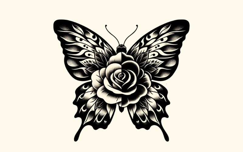 A blackwork style butterfly rose tattoo design. 