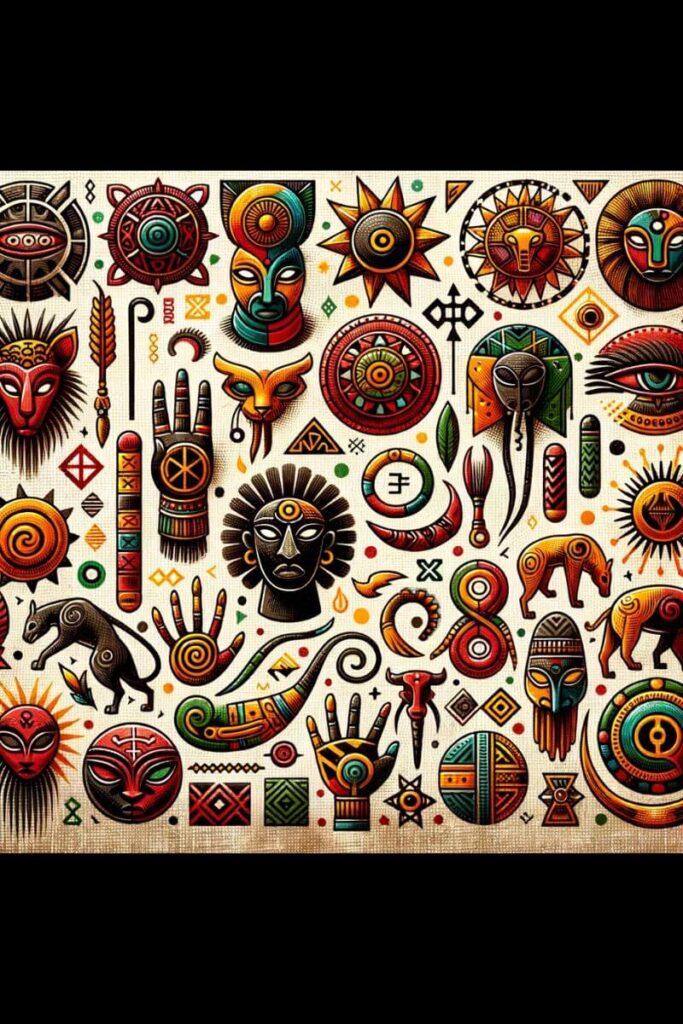 A detailed illustration showcasing a collection of traditional African tribal symbols.