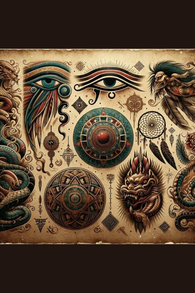varios símbolos de tatuaje sobre lienzo