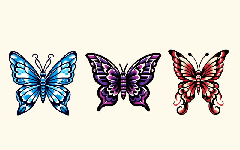 Disegni di tatuaggi di farfalle colorate in stile tradizionale.