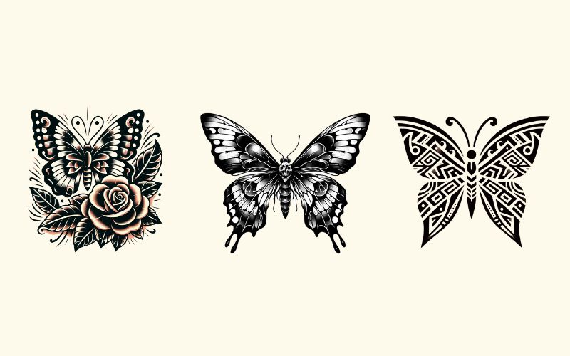 Diversi stili e forme di tatuaggi a farfalla.  