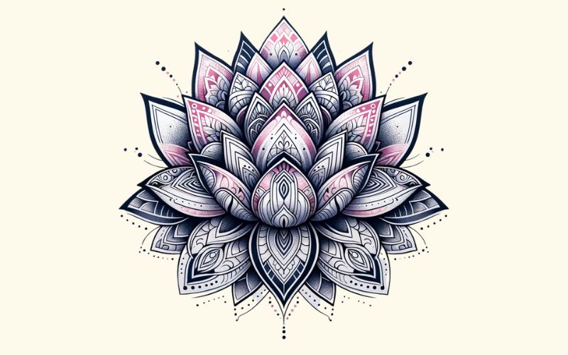 A black and pink lotus mandala tattoo design. 