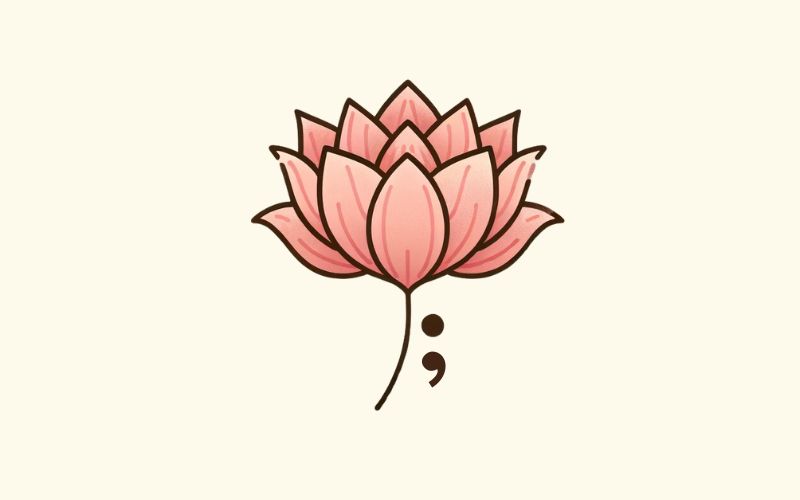 A minimalist style pink lotus semicolon tattoo design. 