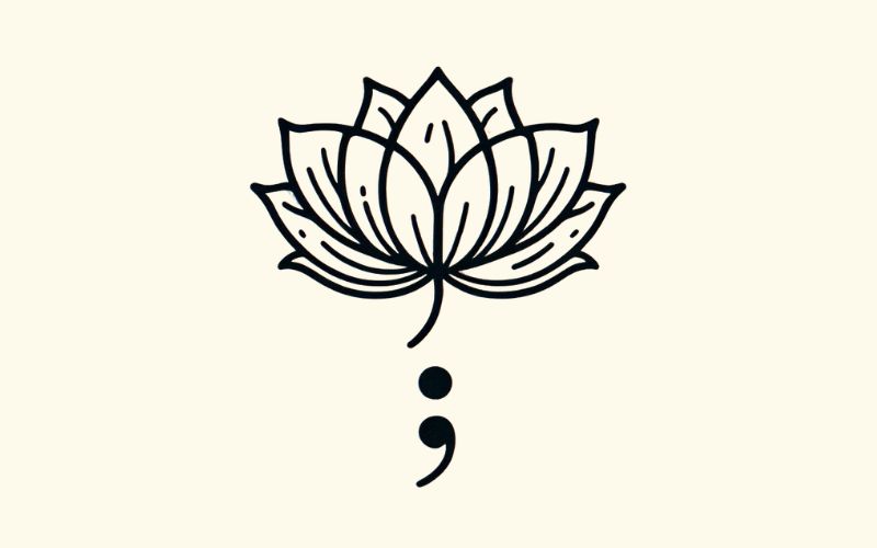 A minimalist style lotus semicolon tattoo design. 