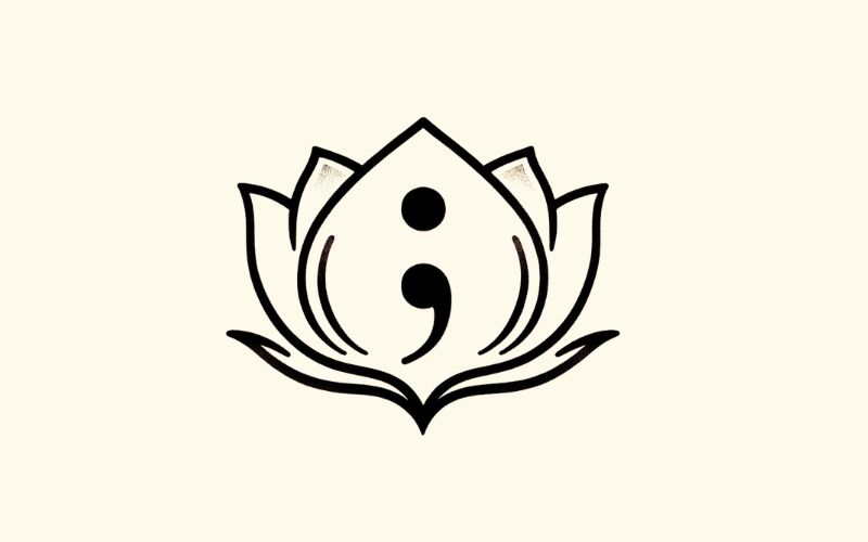 A minimalist style black lotus semicolon tattoo design. 