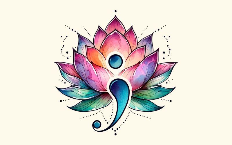 A watercolor style lotus semicolon tattoo design. 