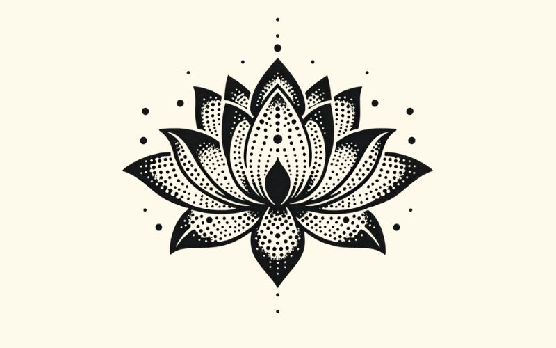 A dotwork style black lotus tattoo design. 